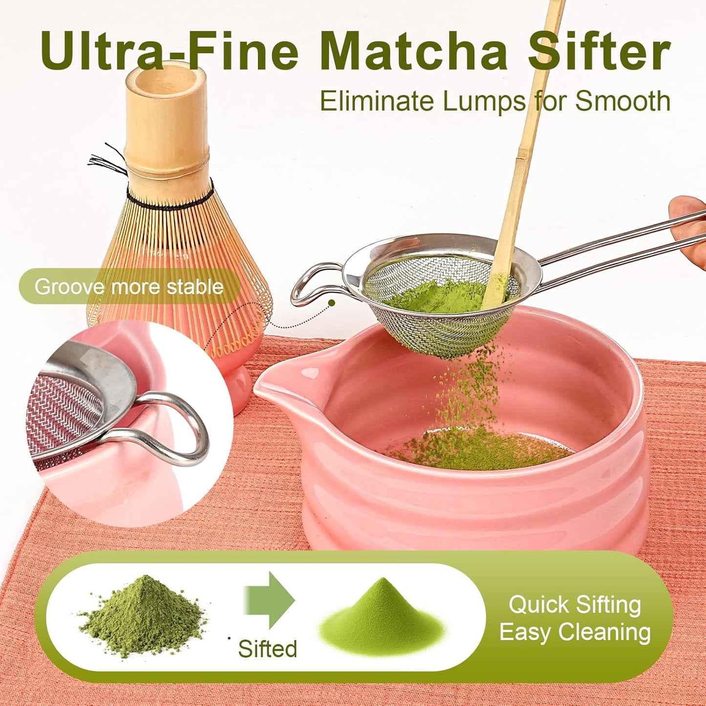 Matcha Whisk Set, 7Pcs Matcha Set - Matcha Bowl with Spout, Handcrafted Bamboo Whisk Chasen & Ceramic Holder, Steel Sifter, Towel, Matcha Kit for Tea Lovers, Timeless Ideal Gift (Pink)