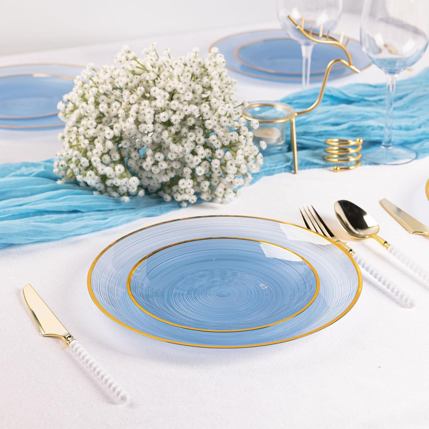 100PCS Blue Plastic Plates-Crystal Design Blue Disposable Plates with Gold Rim, Fancy Disposable Plates Include 50 Dinner Plates, 50 Dessert/Salad Plates for Party & Birthday
