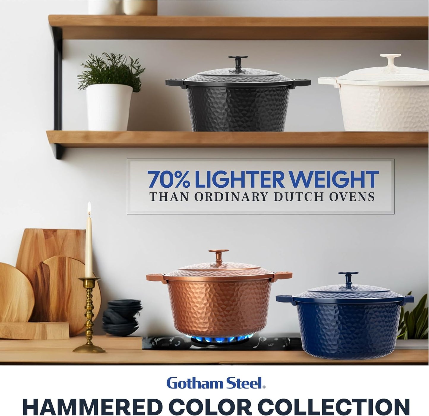 Gotham Steel Hammered 5 Qt Lightweight Dutch Oven Pot with Lid & Holders, Ceramic Non Toxic, Oven Safe & Even Heat Retaining Dutch Oven for Bread Baking Sourdough, Soup, 70% Lighter than Cast Iron