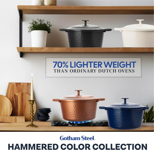 Gotham Steel Hammered 5 Qt Lightweight Dutch Oven Pot with Lid & Holders, Ceramic Non Toxic, Oven Safe & Even Heat Retaining Dutch Oven for Bread Baking Sourdough, Soup, 70% Lighter than Cast Iron