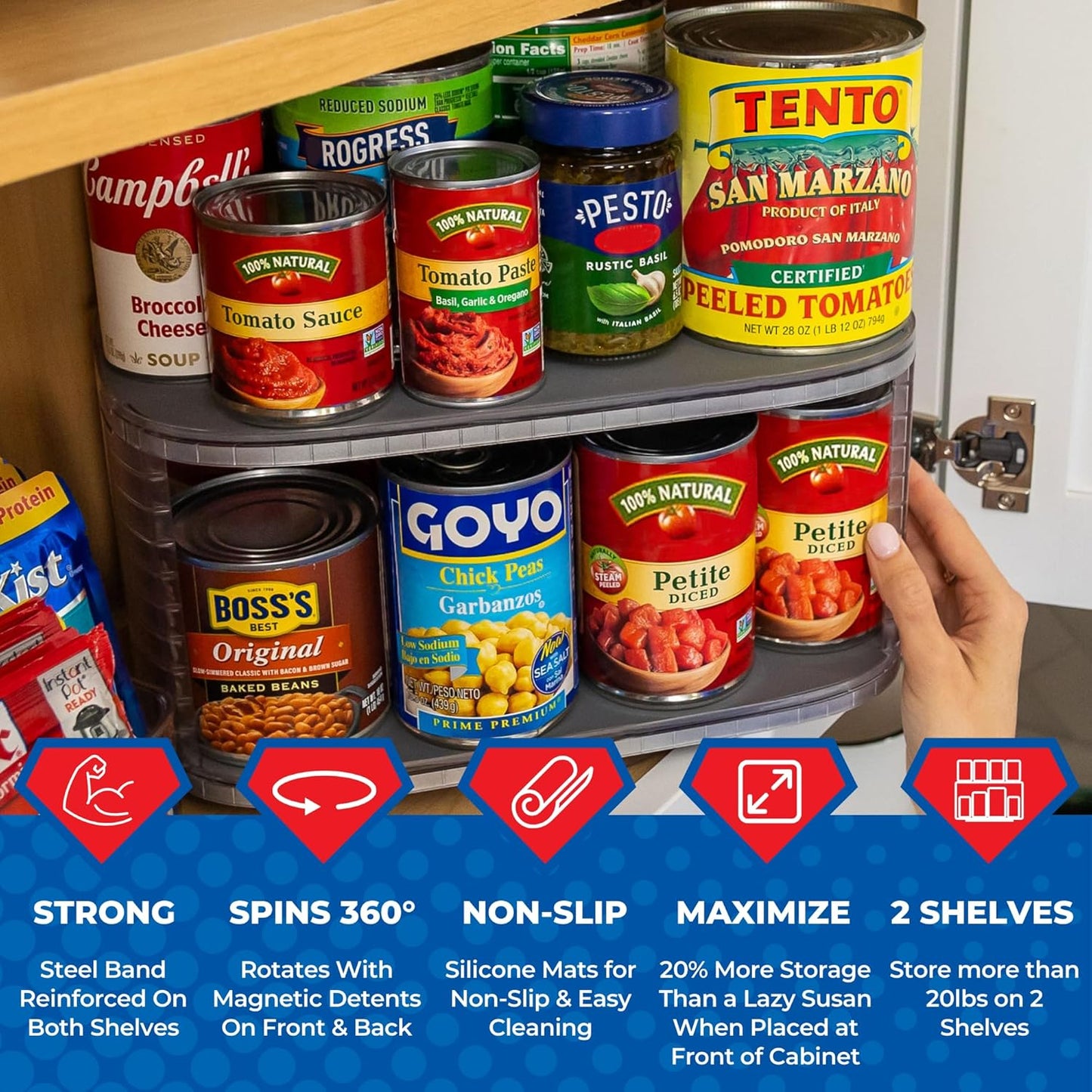Mighty Susan Kitchen Organizer for Canned Goods: 2-Tiered Robust Turntable Organizer for Cabinet/Pantry. Steel Reinforced Holds Up To 30 lbs. Rotates 360° for Maximum Visibility. Includes 2 Bonus Bins