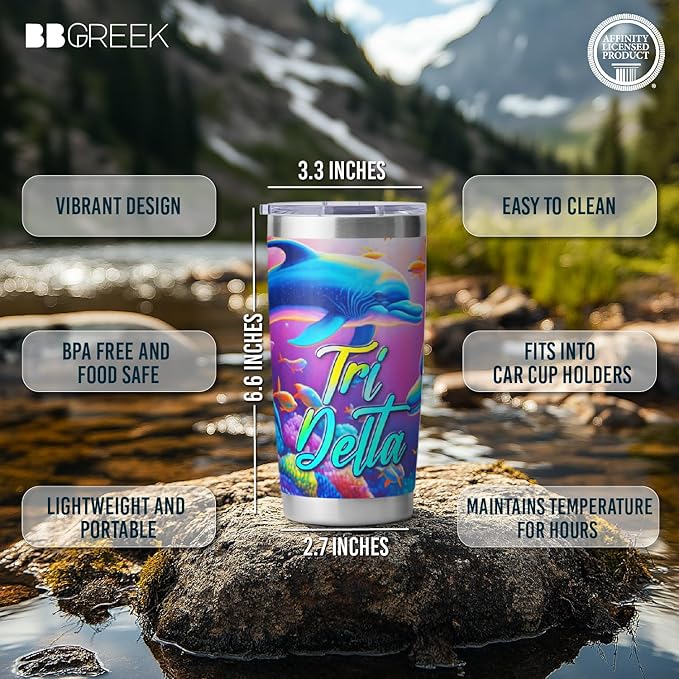 Tri Delta Sorority Paraphernalia - Official Vendor - 20 oz Stainless Steel Insulated Sublimation Tumblers - Underwater Dolphins