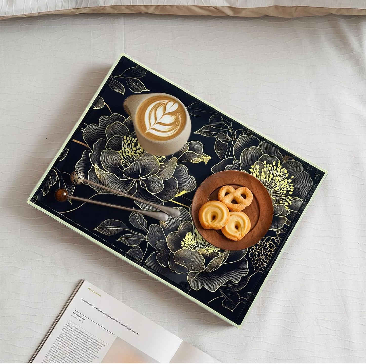 Serving Tray with Handles, 15.7 * 11.8 inches, Plastic Ottoman Tray with Exquisite Paintings, Trays for Coffee Table