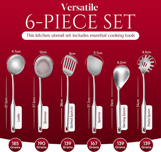 6 Pc Stainless Steel Cooking Utensils Set with Ergonomic Handles – Heat Resistant Kitchen Tools Includes Slotted Spatula, Skimmer Ladle, Spatula, Serving Spoon, Pasta Spoon Ideal for Cooking