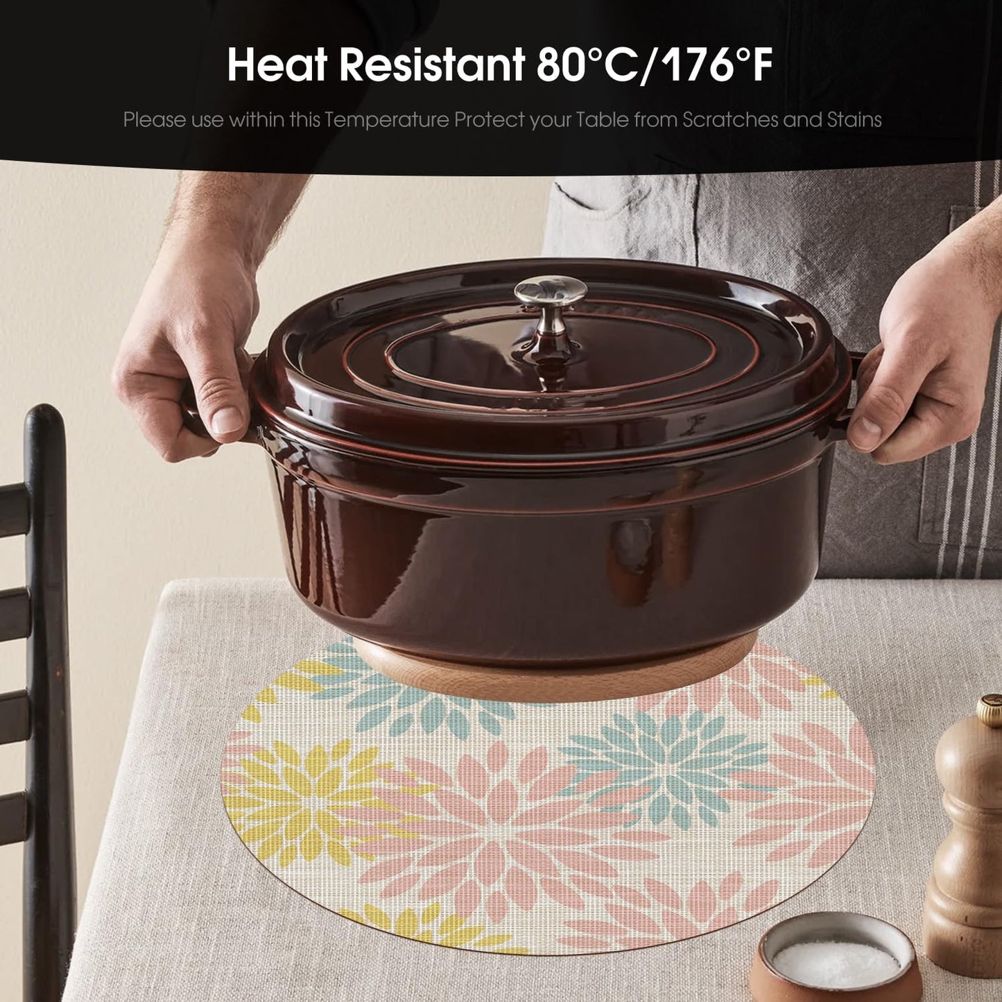 Artoid Mode Floral Vinyl Round Placemats Set of 4, 14 Inch Wipeable Non-Slip PVC Place Mats for Party Kitchen Dining Decor, Pink Blue