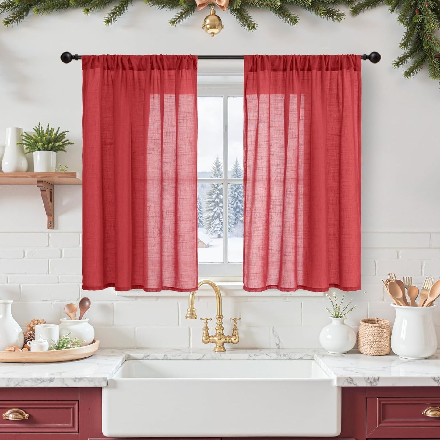 BGment Red Semi Sheer Curtains 40 Inch Length for Kitchen Window, Short Linen Drapes for Farmhouse Cafe Over Sink Bathroom Christmas Decor Textured Rod Pocket Lightweight, 2 Panels, Each 42 Inch Wide