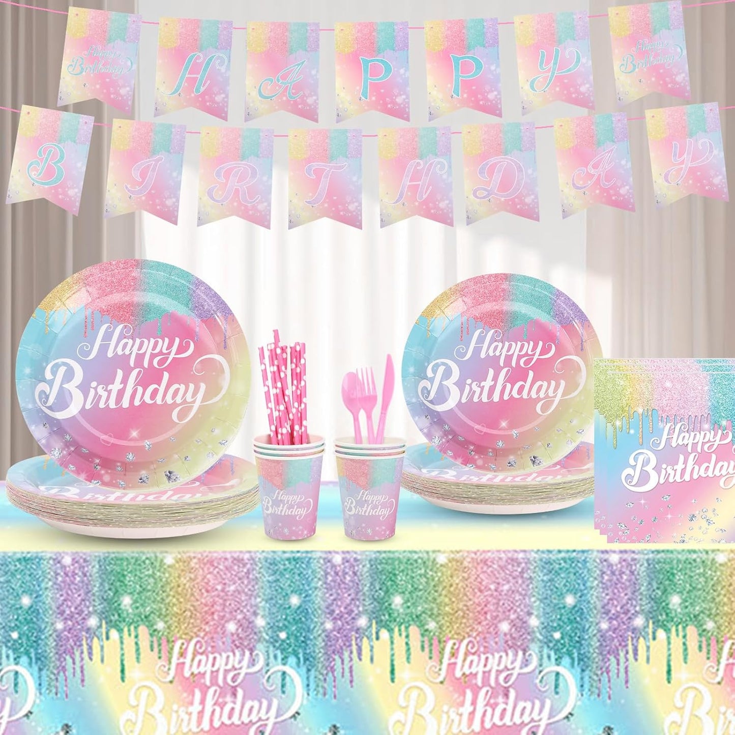 Rainbow Birthday Plates Napkins Sets Pink Birthday Party Supplies Glitter Diamond Plates,Rose Gold Disposable Birthdays Dinnerware Sets Unicorn Girls Party Plates with Tablecloth Cup Banner Serve 24