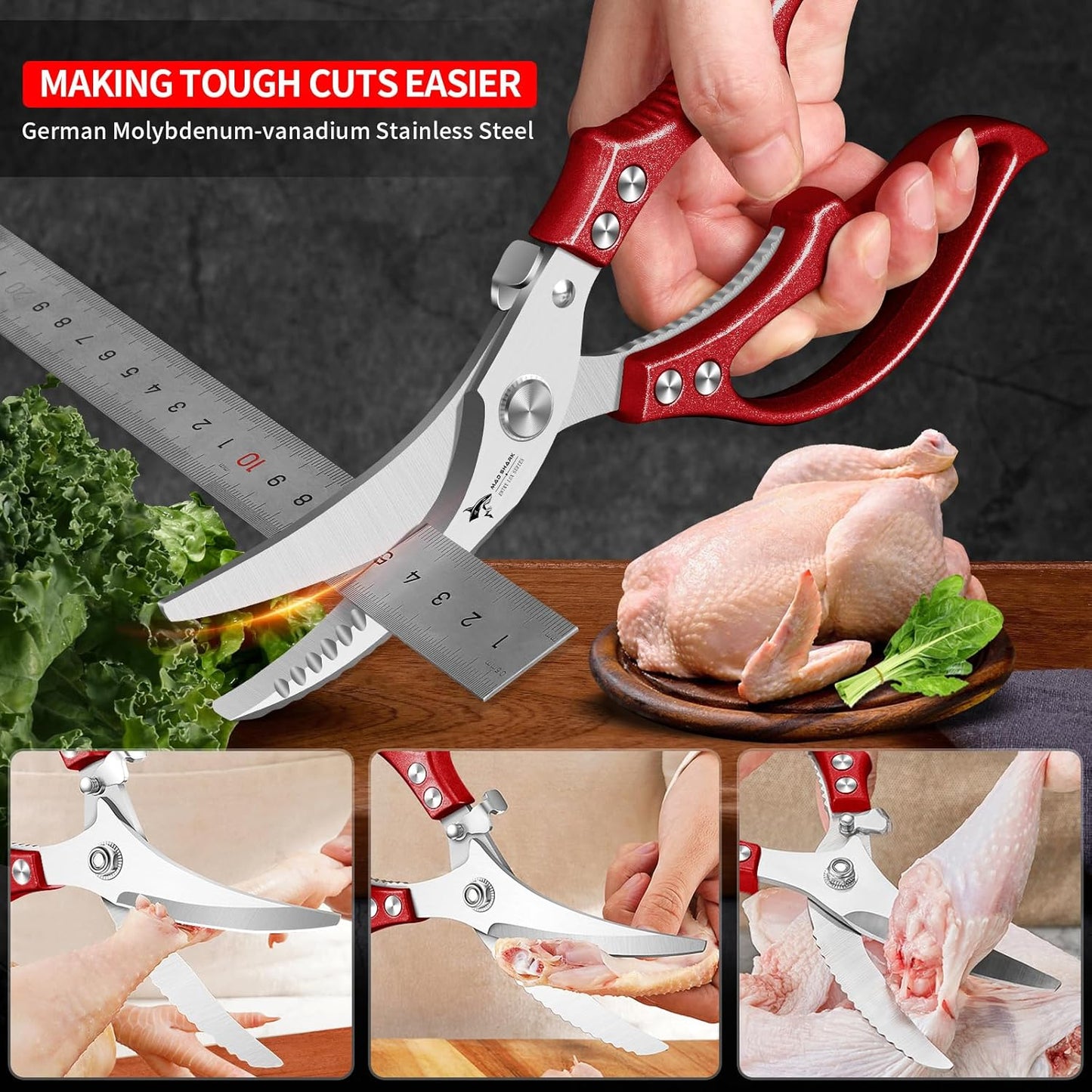 MAD SHARK Professional Heavy Duty Poultry Shears - Kitchen Shears for Spatchcocking Chicken and Meat Cutting, Multi-Purpose Kitchen Scissors for Food, Spring-loaded (Red)