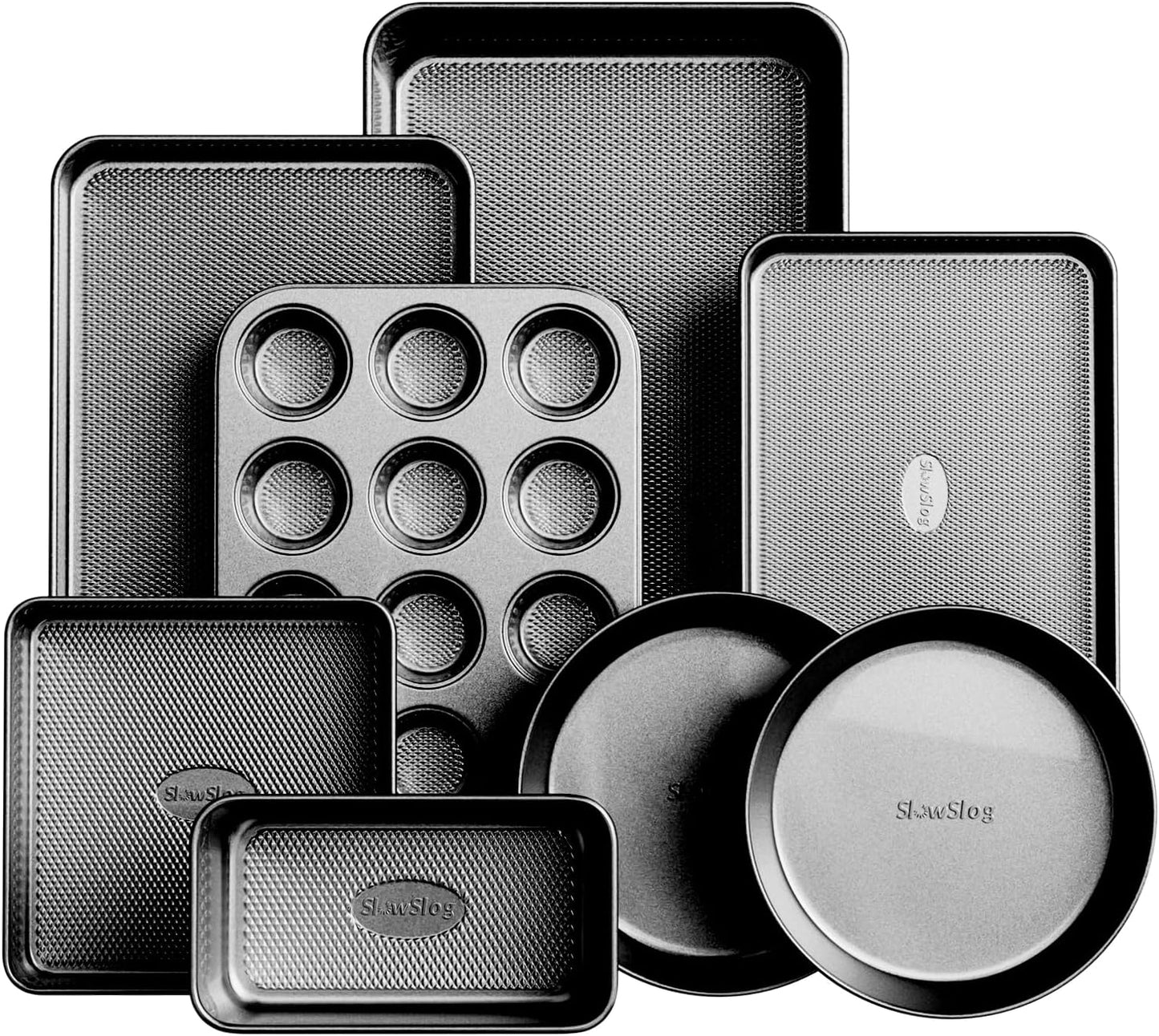 Nonstick Baking Pans Set, 8-Piece Stackable Bakeware Sets, Non-Toxic Oven Pan Set, Includes Baking Sheet, Cake Pan, Muffin Pan, Loaf Pan, Square Pan, Cookie Sheet & Roasting Pan, Black