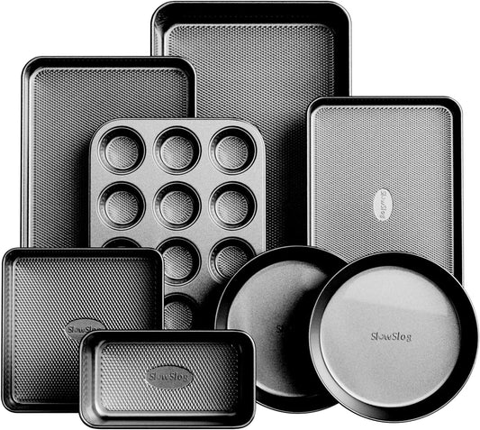 Nonstick Baking Pans Set, 8-Piece Stackable Bakeware Sets, Non-Toxic Oven Pan Set, Includes Baking Sheet, Cake Pan, Muffin Pan, Loaf Pan, Square Pan, Cookie Sheet & Roasting Pan, Black