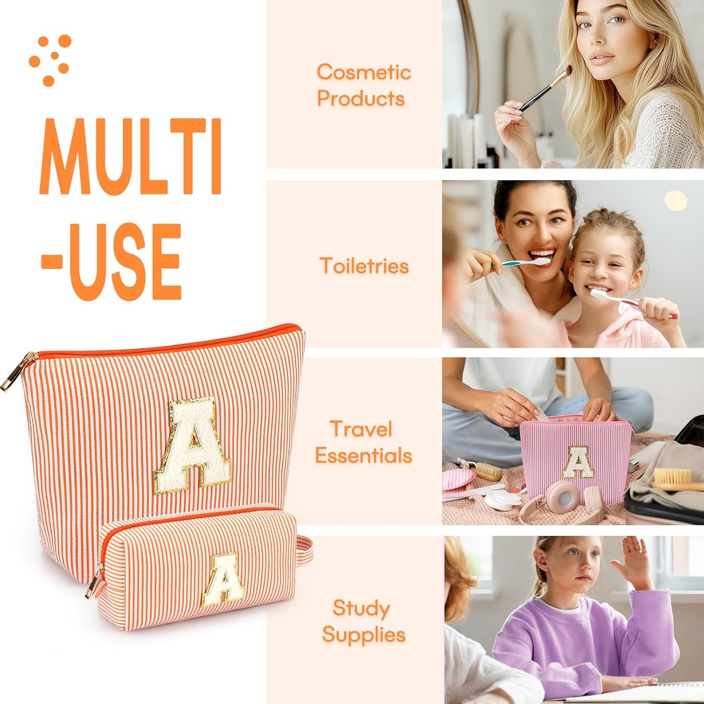 2 PCS Initial Makeup Bags for Women: Cosmetic Bag for Travel Toiletry - Birthday Gifts for 11 12 13 14 15 16 17 18 Years Old Girl Graduation Teacher Gift- Teen Girl Gifts Trendy Stuff - Orange A