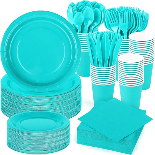 durony 350 Pieces Teal Blue Party Supplies Teal Blue Dinnerware Set Paper Plates Cup Napkins Serve 50 Guests for Birthday Wedding Baby Shower Party Family Picnic