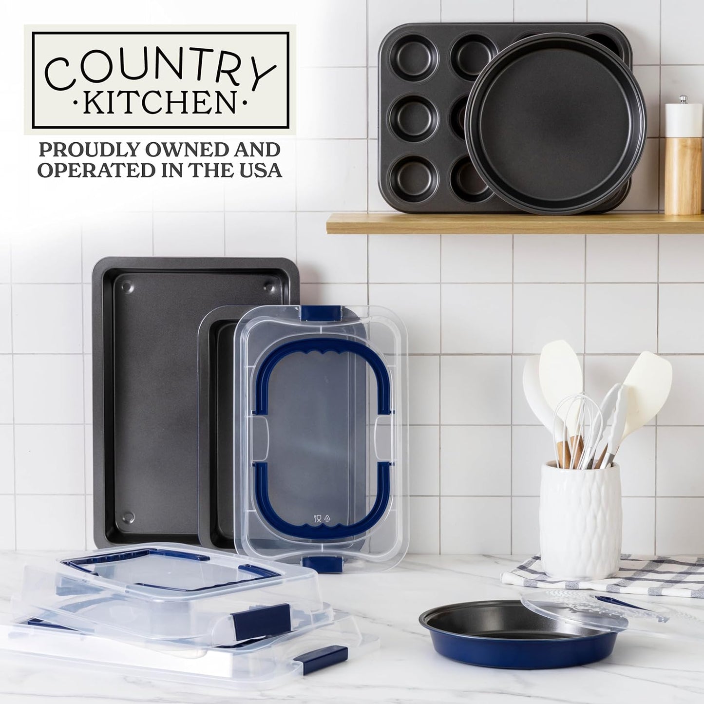 Country Kitchen Baking Pans Set - 10 Piece Non-Stick Cake Pans with Carry Lids for Easy Storage & Travel, Perfect for Parties - Stackable, Navy