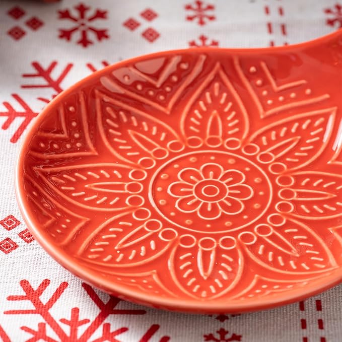 Ceramic Spoon Rest, 7.48 Inches Spoon Holder for Kitchen Counter, Kitchen Accessories, Dishwasher Safe, Red