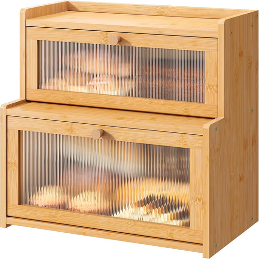 FILWH Bread Box for Kitchen Countertop Double Layer Large Corner Bread Box Capacity Bread Storage Bin Farmhouse Breadbox Container Organizer Cabinet Cupboard Nature