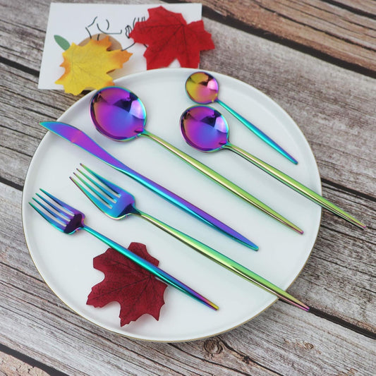 JASHII 24 Pieces Cutlery Flatware Set 304 Stainless Steel Home Kitchen Set, Mirror Polished, Knife/Fork/Spoon, Modern Elegant Tableware Set for Party, Christmas, Dinner (Rainbow)