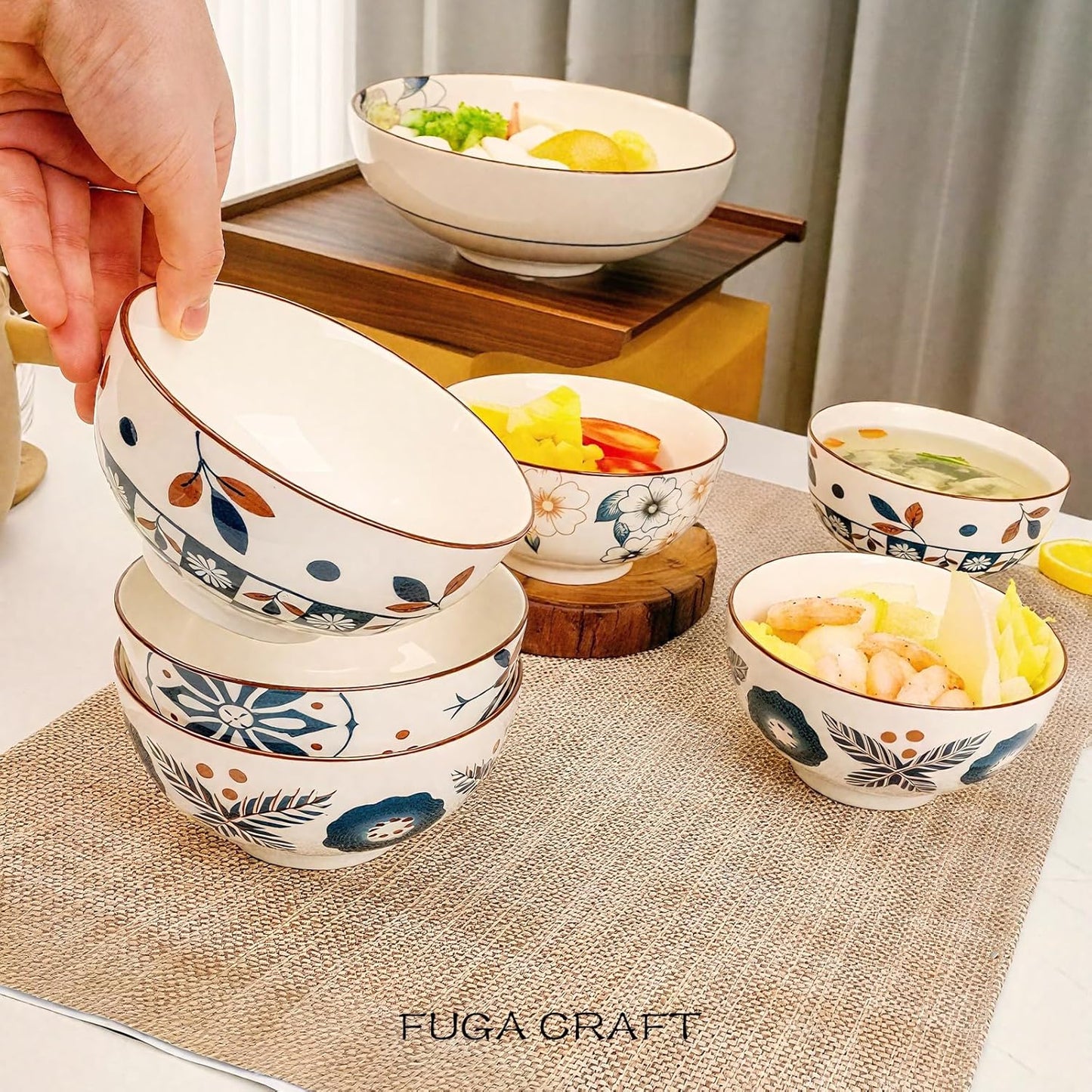 Flower Edge Ceramic Bowls, 4.5-Inch for Kitchen,Rice and Salad, Various Combinations of Japanese Style Blue and White Porcelain (Set of 6)