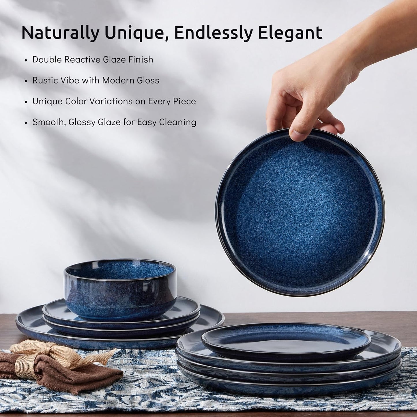E-far Dinnerware Sets for 2, 6-Piece Stoneware Plates and Bowls Set, Ceramic Dishes Reactive Glaze Dinning Ware, Microwave & Dishwasher Safe - Deep Sea Blue