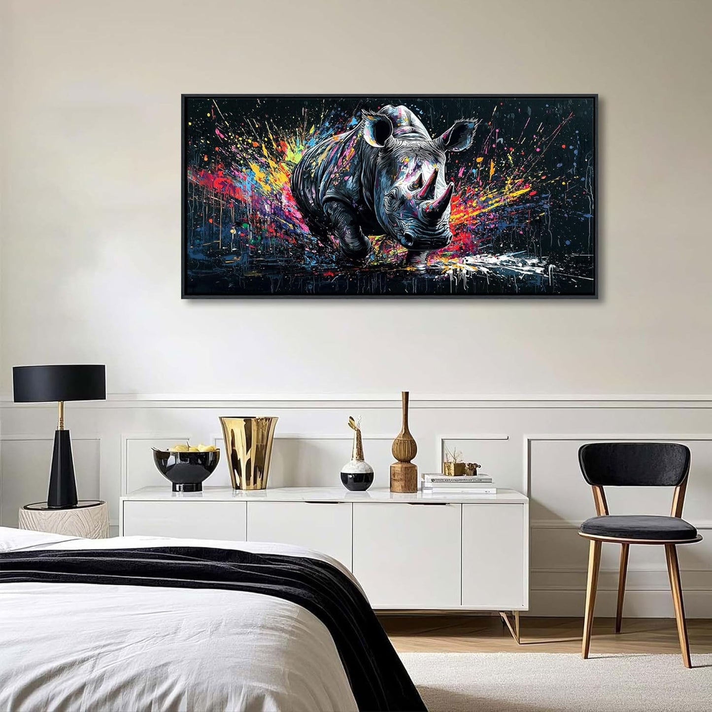 QZQCBLC Large Canvas Wall Art - Black and White Abstract Graffiti Pop Street Paintings Artwork Rhino Colorful Pictures for Living room Bedroom Bar Men's Teenager Game Room Modern Home Decor 24X48