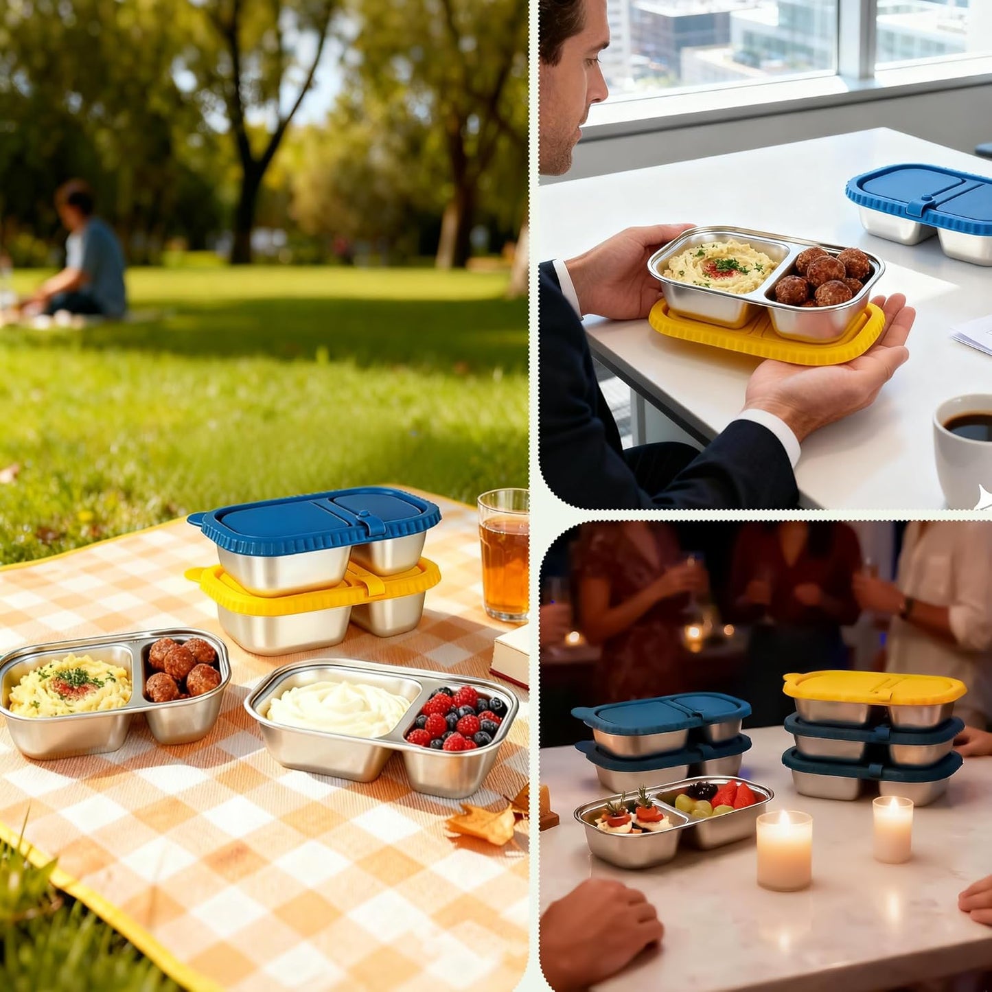 HI-REEKE 13 OZ Stainless Steel Snack Containers with Lids, 2 PCS Reusable Double Compartments Metal Snack Packs for Sauce