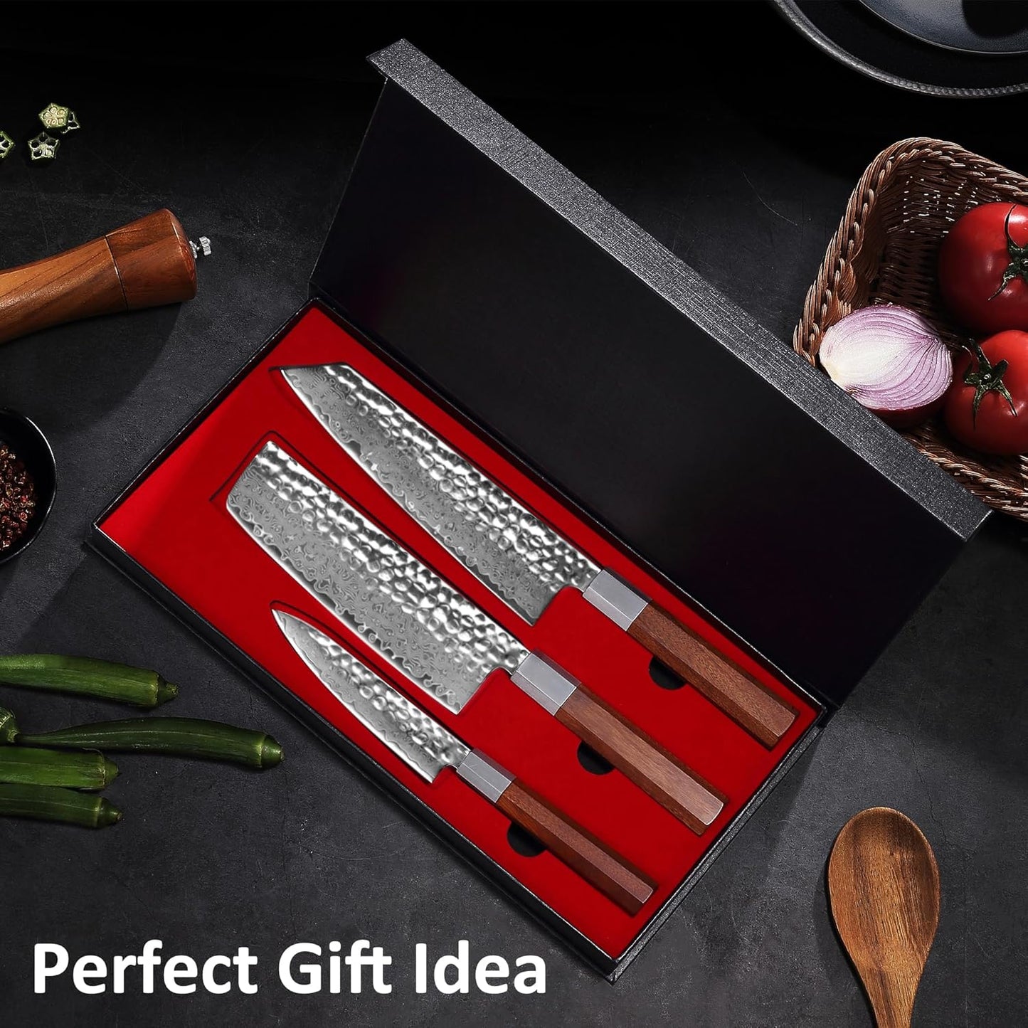 YOTSUBA 3PCS Japanese Chef Knives Set,Damascus Kitchen Knives Set with Hand-forged High Carbon Steel Blade,Ultra Sharp Cooking Knife Set with Ergonomic Wood Handle for Chopping Vegetable and Cooking