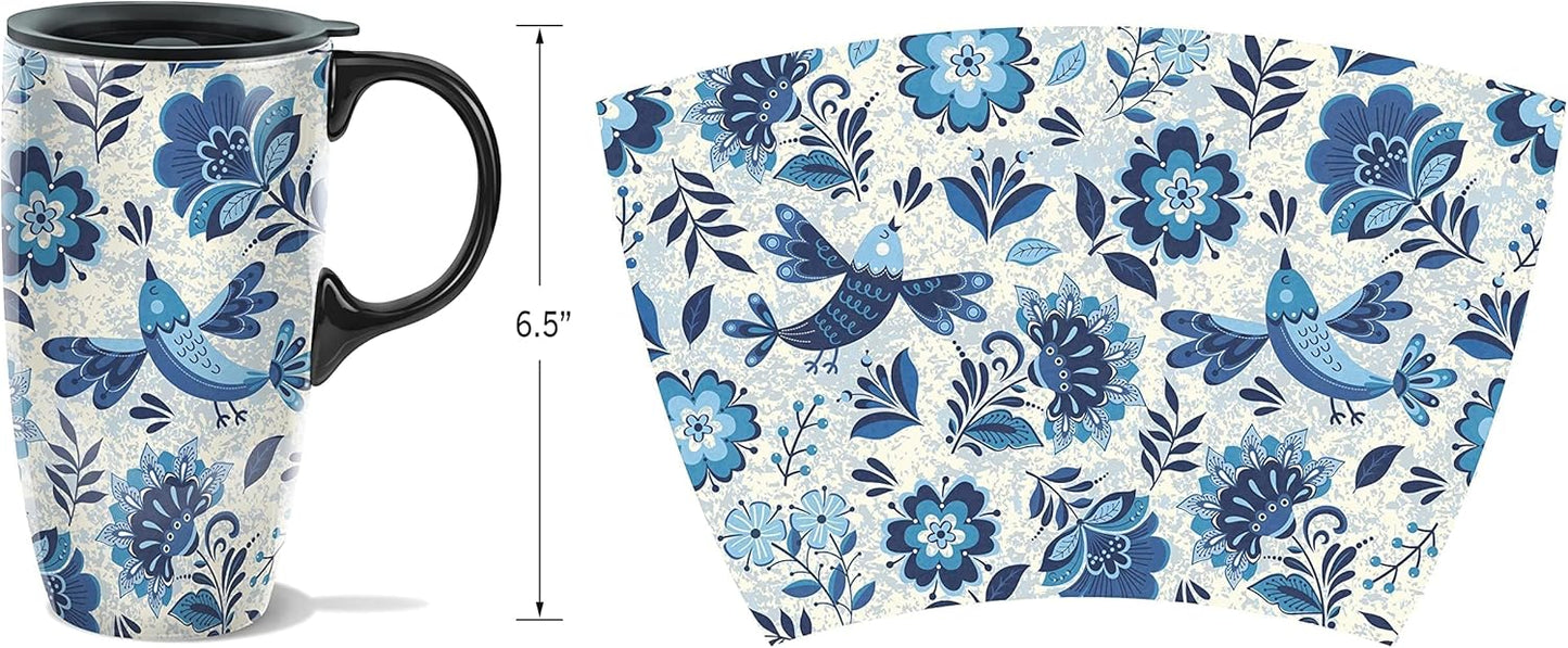 Topadorn Ceramic Coffee Mug Travel Cup with Lid and Color Box,17oz Microwave & Dishwasher Safe Coffee Tumbler, Blue Bird