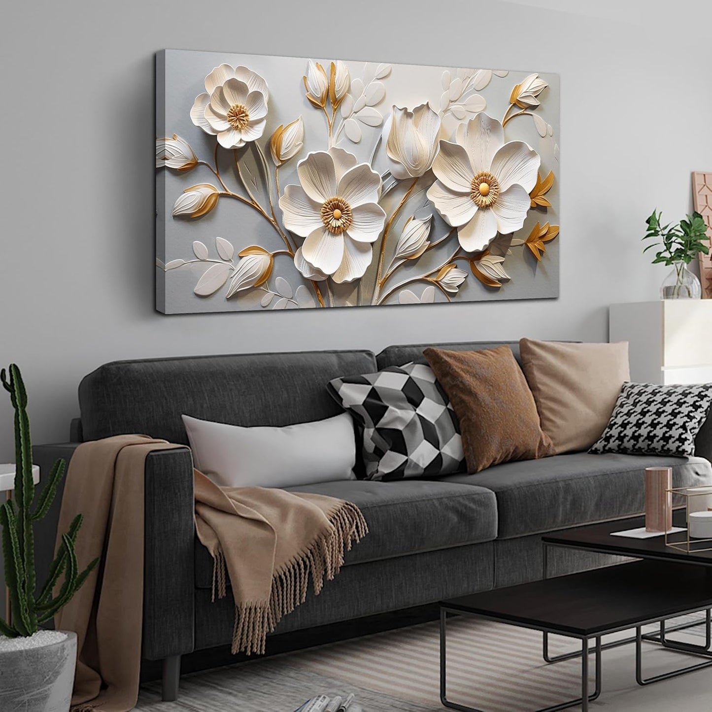 AOZEMI White Flowers Wall Art Floral Pictures Art Botanical Canvas Plant Prints Gold Wall Decor for Living Room Bedroom 24x48