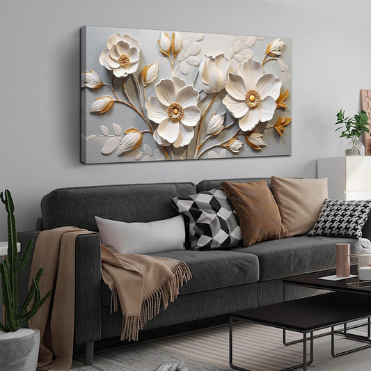 AOZEMI White Flowers Wall Art Floral Pictures Art Botanical Canvas Plant Prints Gold Wall Decor for Living Room Bedroom 24x48
