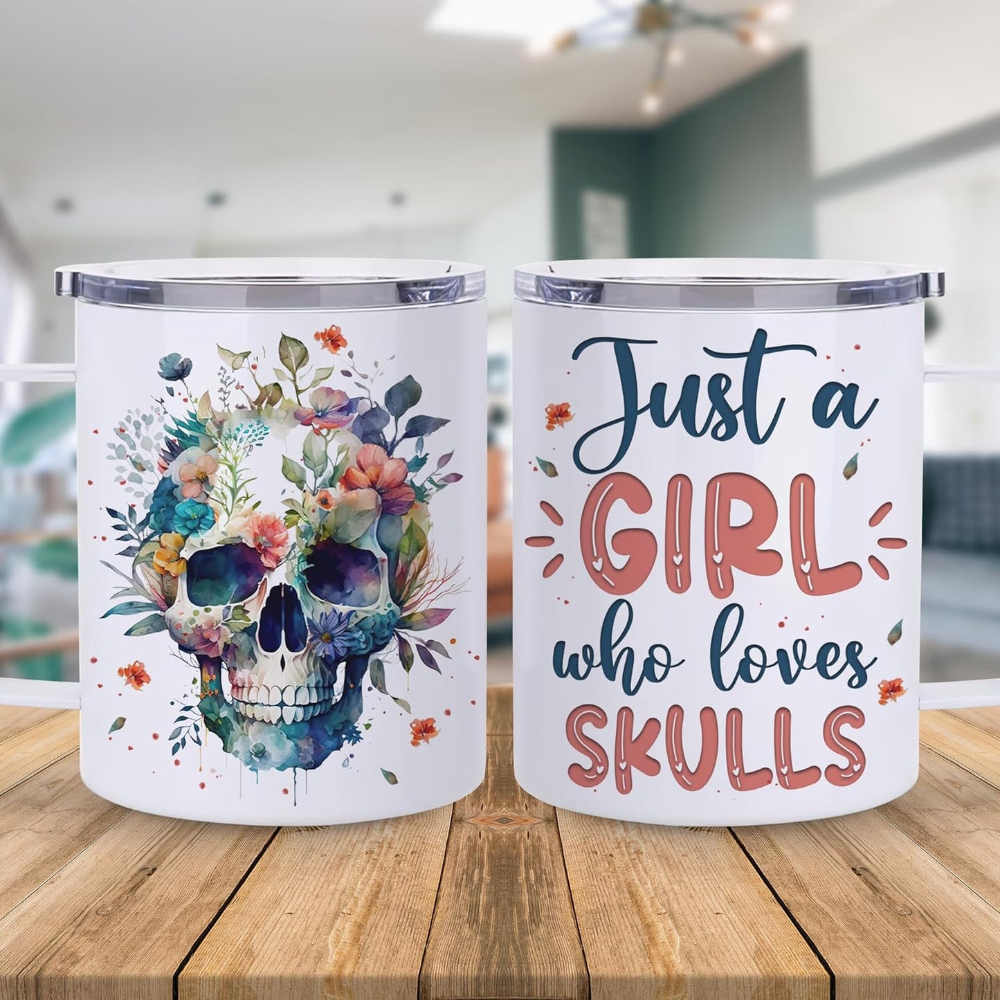 Hyturtle Skull Cup Gifts Skull Lovers - Just A Girl Who Loves Skulls Coffee Mug Stainless Steel 12oz - Goth Gifts For Women - Cute Gothic Lover Gift For Her, Girls, Daughter On Birthday Christmas