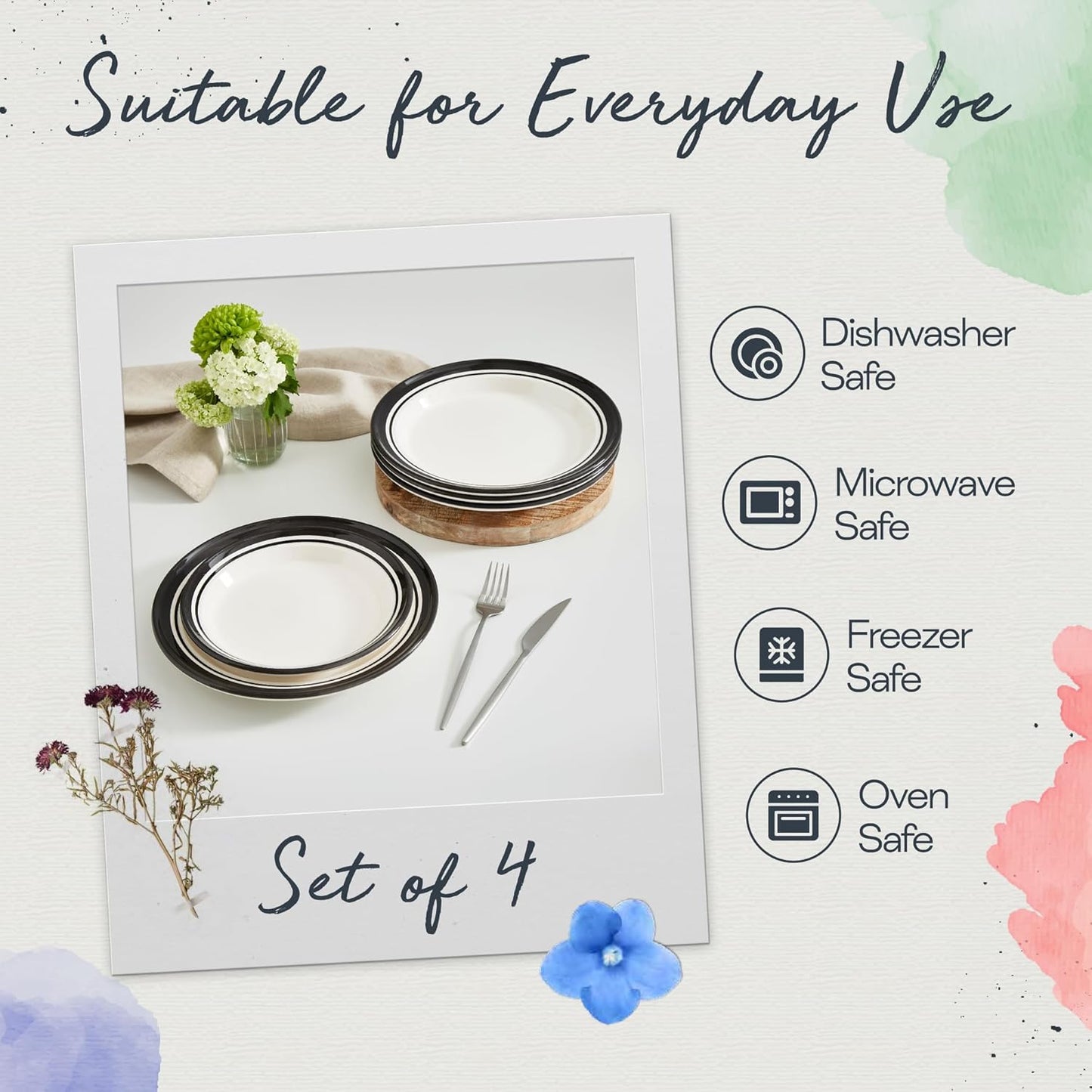 Portmeirion Potter's Stripe 10.5" Dinner Plate (Set of 4) - Handcrafted Earthenware Plates with Accent Rim, Microwave & Dishwasher Safe - Ideal Tableware for Modern & Traditional Dining (Black Stripe)