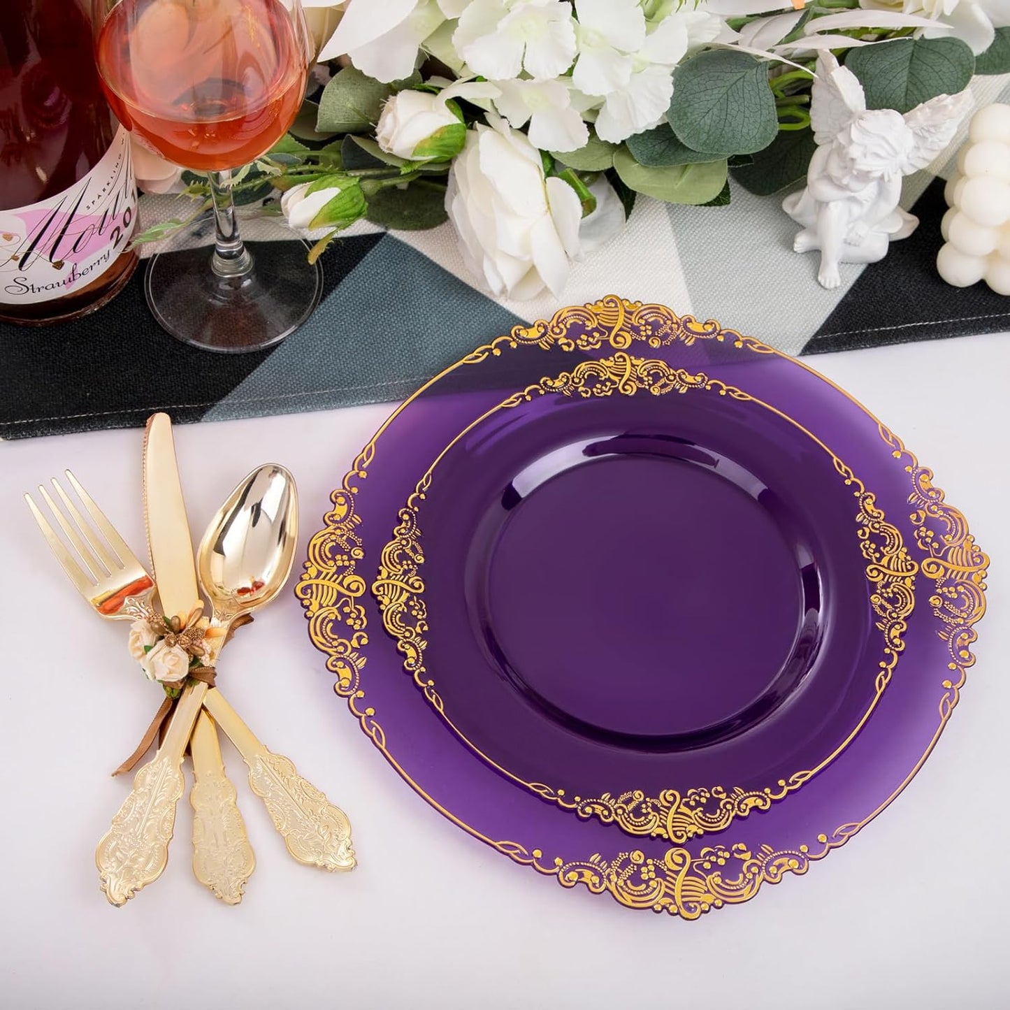 102PCS Purple and Gold Plastic Plates - High End Purple Disposable Plate - Vintage Party Dinner & Dessert Plates for 51 Guests Wedding & Halloween Party