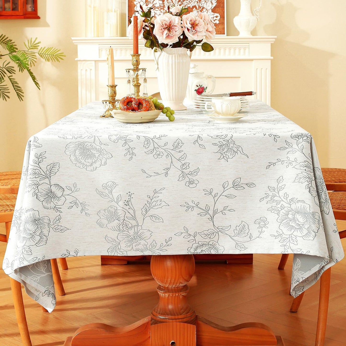 Chassic Premium Vintage Farmhouse Damask Floral 60 x 84 inch Rectangle Table Cloth – Water Resistant Linen Textured Jacquard Tablecloth for Kitchen Dining & Picnic Decor - Grey