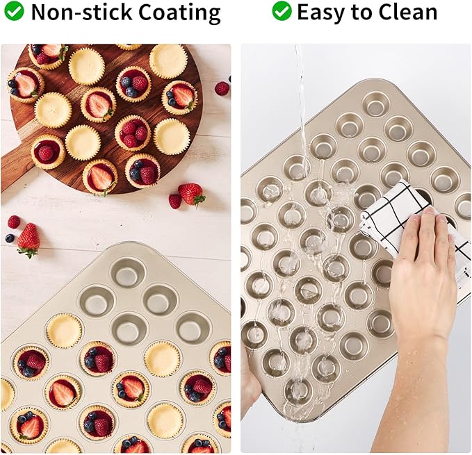 Beasea Mini Muffin Pan 48 Cups Nonstick, 1 Pack 48 Mini Small Tiny Cup Non Stick Muffin Baking Pan Tin Tray Carbon Steel Bakeware Individual Cupcake Baking Pan - Gold