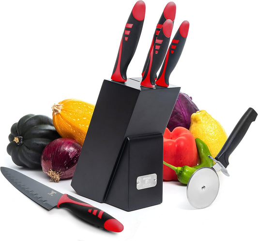 Moss & Stone 7-Piece Kitchen Knife Set with Block – Black Titanium Plated Stainless Steel Kitchen Knives, High Carbon Blades, Compact Cutlery Set for Home Cooking, Small Knife Set Black Wood Block