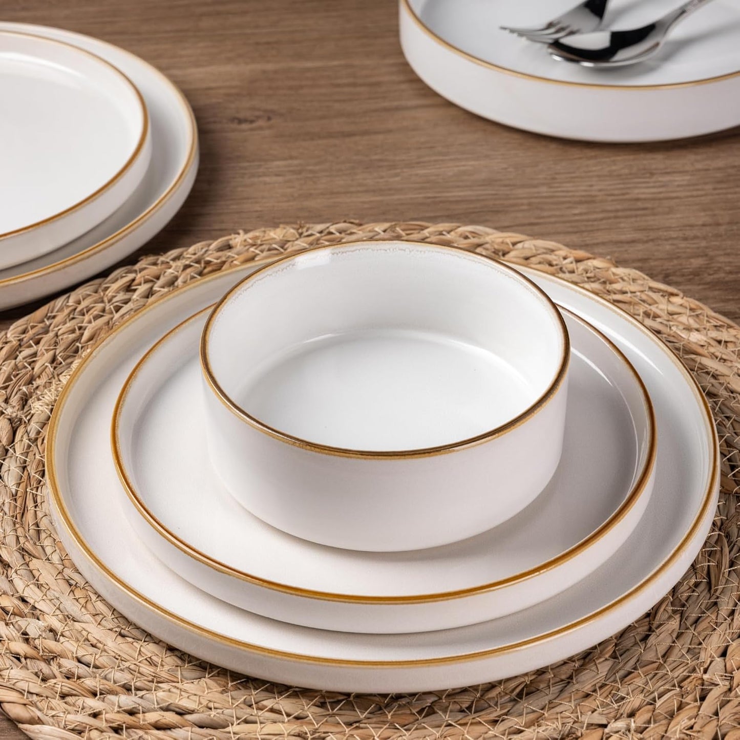 GBHOME Ceramic Dinnerware Sets for 4, 12 Pieces Stoneware Plates and Bowls Sets, Reactive Glaze Dishes -Scratch Resistant, Dishwasher&Microwave Safe-Pearl White