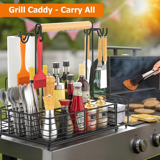 Large Grill and Griddle Caddy with Paper Towel Holder, Side Hooks, Utensil Holder, Wooden Handle for Outdoor Kitchen, Picnic, RV, Patio, Camping, Tailgate BBQ Tools & Grilling Accessories