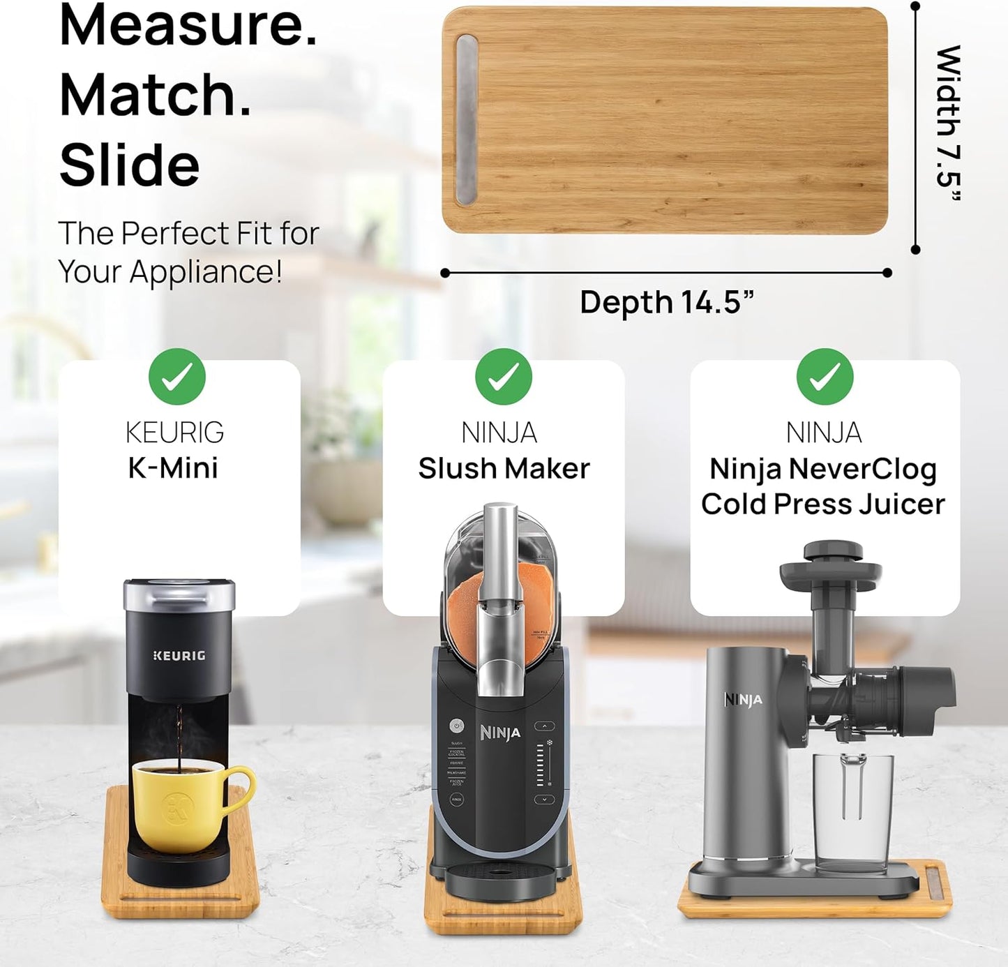 Ibyx Elegant Sliding Tray for Your Coffee Maker & Heavy Kitchen Appliances - Sturdy, Slides Easily from Under The Cabinet (Natural, 7.5”W x 14.5”D)