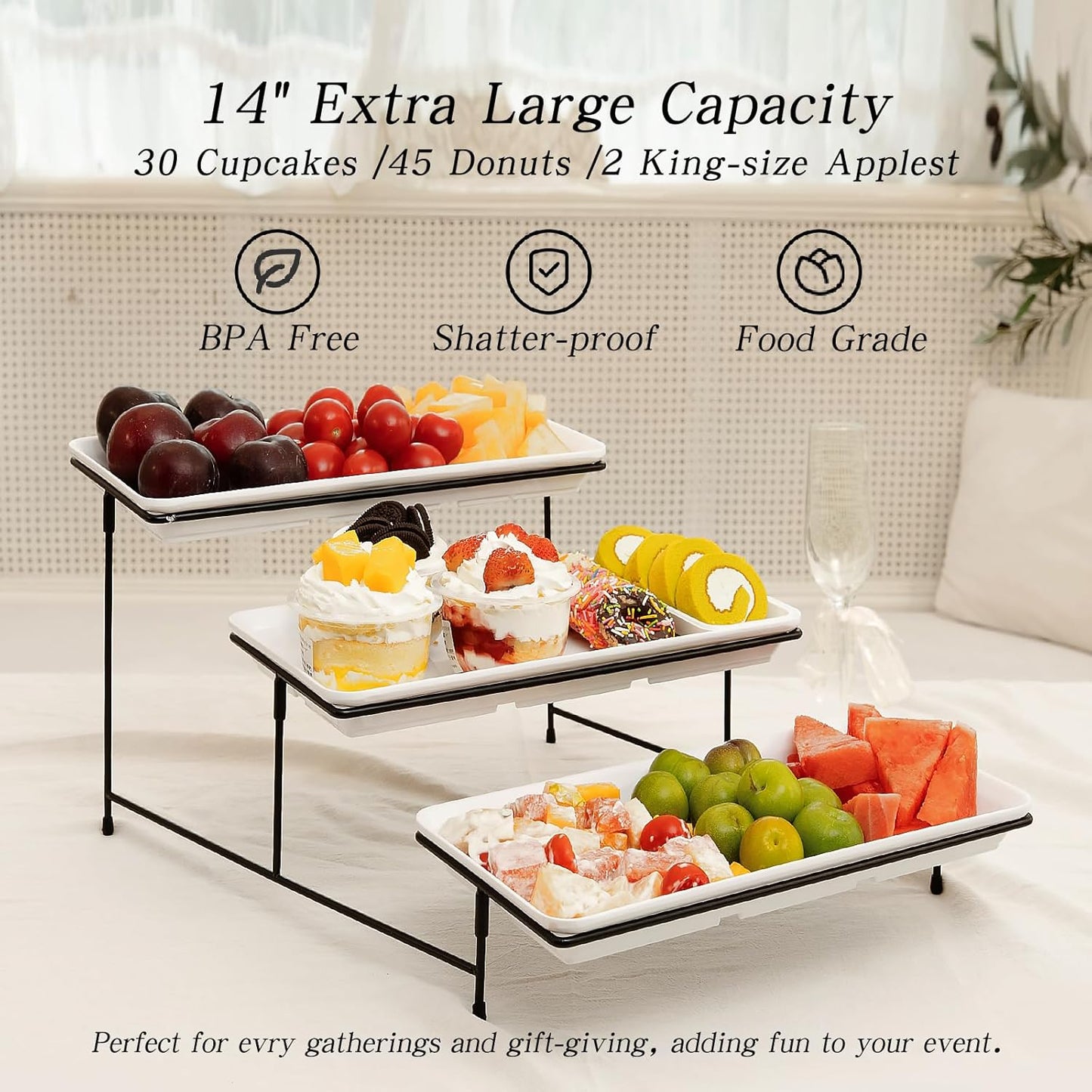 3 Tier Serving Tray for Party 14" White Reusable Dessert Table Display Set Black Metal Cupcake Stand Cookie Serving Platter for Serving Food Party Collapsible Sturdier Fruit Tiered Tray Stand Sturdier