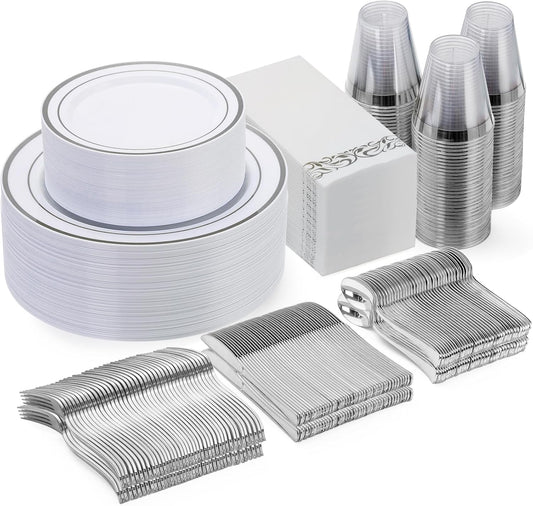 Goodluck 350 Piece Silver Dinnerware Set for 50 Guests, disposable Plastic Plates for Party, Include: 50 Dinner Plates, 50 Dessert Plates, 50 Paper Napkins, 50 Cups, 50 Silverware set