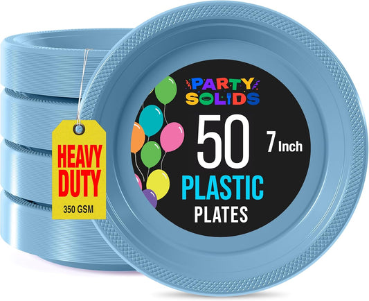 Exquisite Party Solids Light Blue Plastic Plates For Party Supplies 7" Light Blue Disposable Plates Heavy Duty 50 Pcs Plastic Dinnerware Sets Heavy Duty 350 GSM Disposable Dinnerware Set