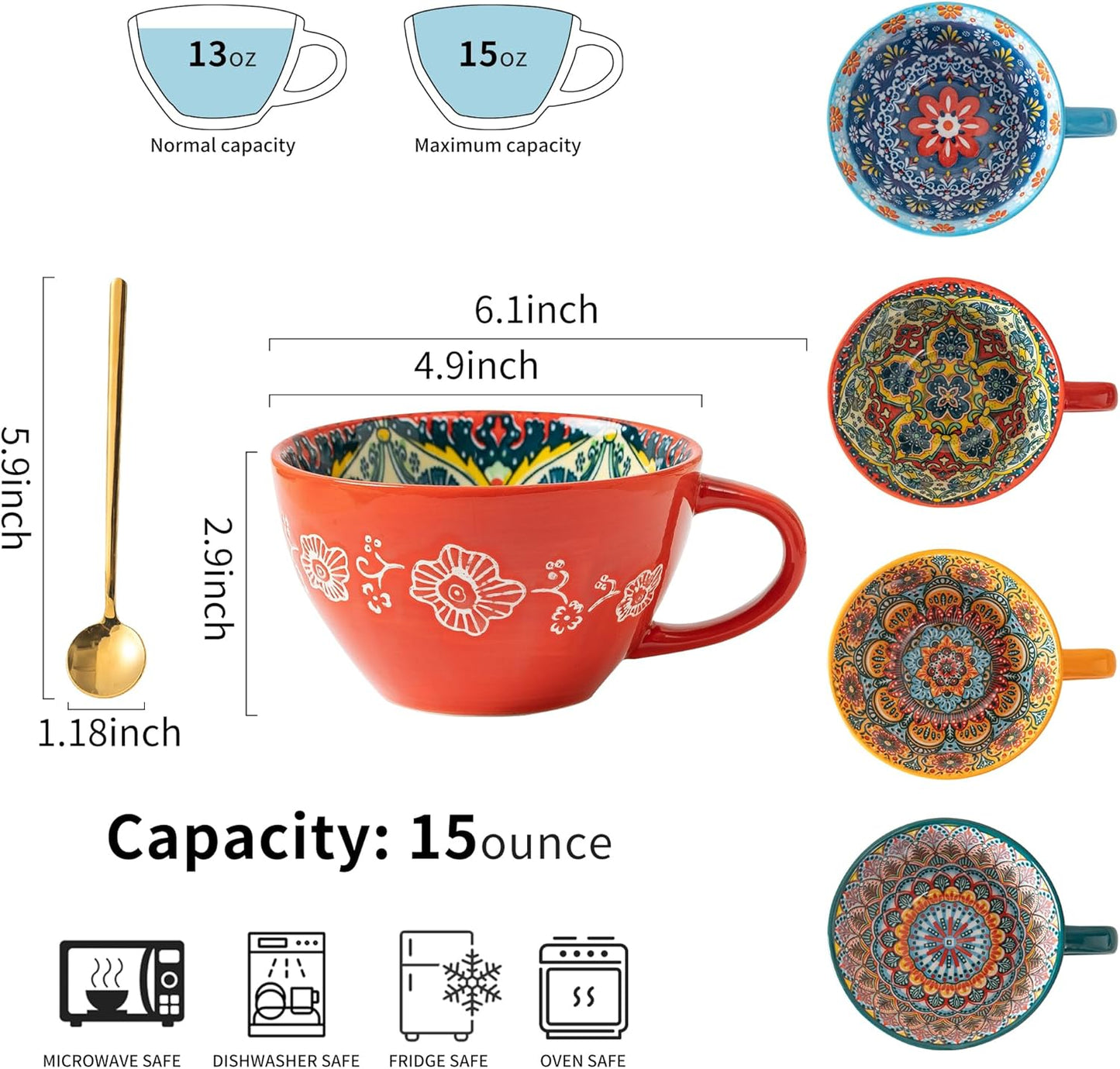 Red Boho Coffee Mug Set of 1 with Coffee Spoon, Ceramic Large Cups 15 oz/ 450ml, Porcelain Cups for Latte, Tea, Cappuccino, Cocoa, Soup, Dishwasher Microwave Safe, Gift Set Bohemian Style