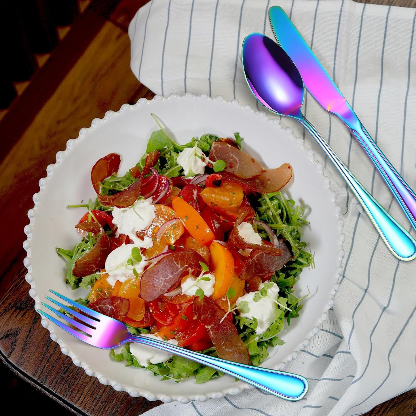 Colorful Forks Spoons Knives Silverware Rainbow Flatware Set for 4 Kitchen 20 Pieces Stainless Steel Cutlery Modern Eating Utensils Double Line Edges Handle