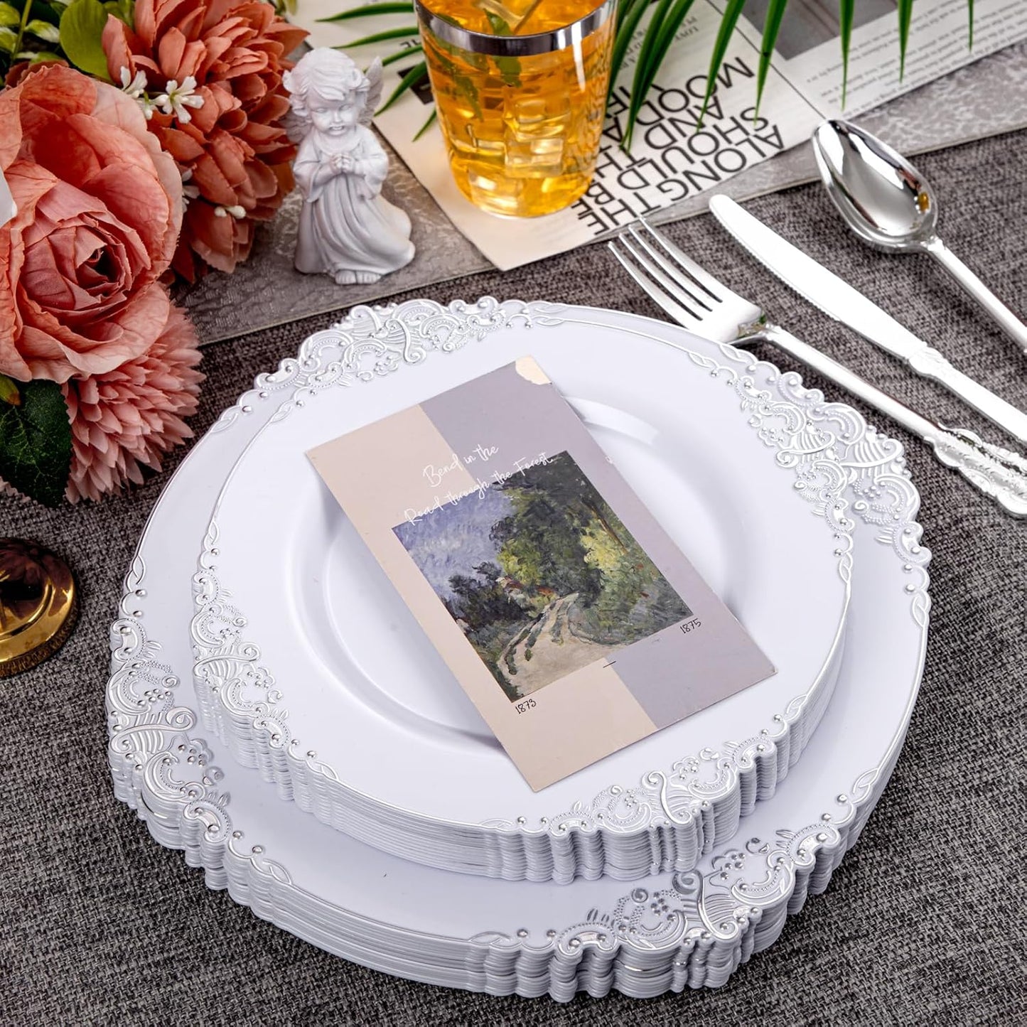 Hioasis 210pcs White and Silver Plastic Plates - Disposable Dinnerware Set Suitable for 30 Guests Include 10.25 Dinner & 7.5 Dessert Plates, Pre Rolled Silverware Set, Cups for Party & Thanksgiving