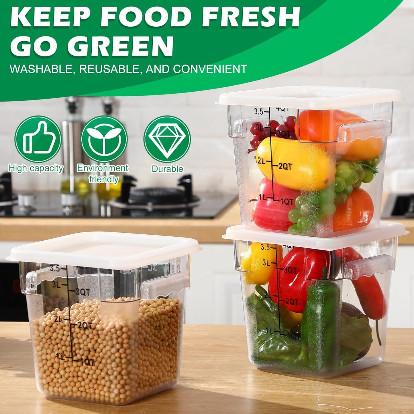 Yungyan 6 Pcs Commercial Clear Food Storage Containers 4 Qt Square Acrylic Airtight Food Storage Containers with Lids for Kitchen Restaurant Pantry Freezer Flour Sugar (White)