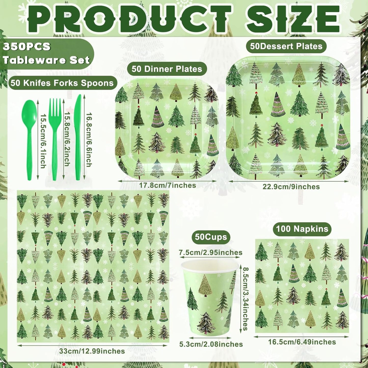 350 Pcs Paper Plates and Napkins Set Disposable Dinnerware Party Supplies Tableware Serve 50 Guest Cups Knife Forks Spoon(Green,Christmas Tree)