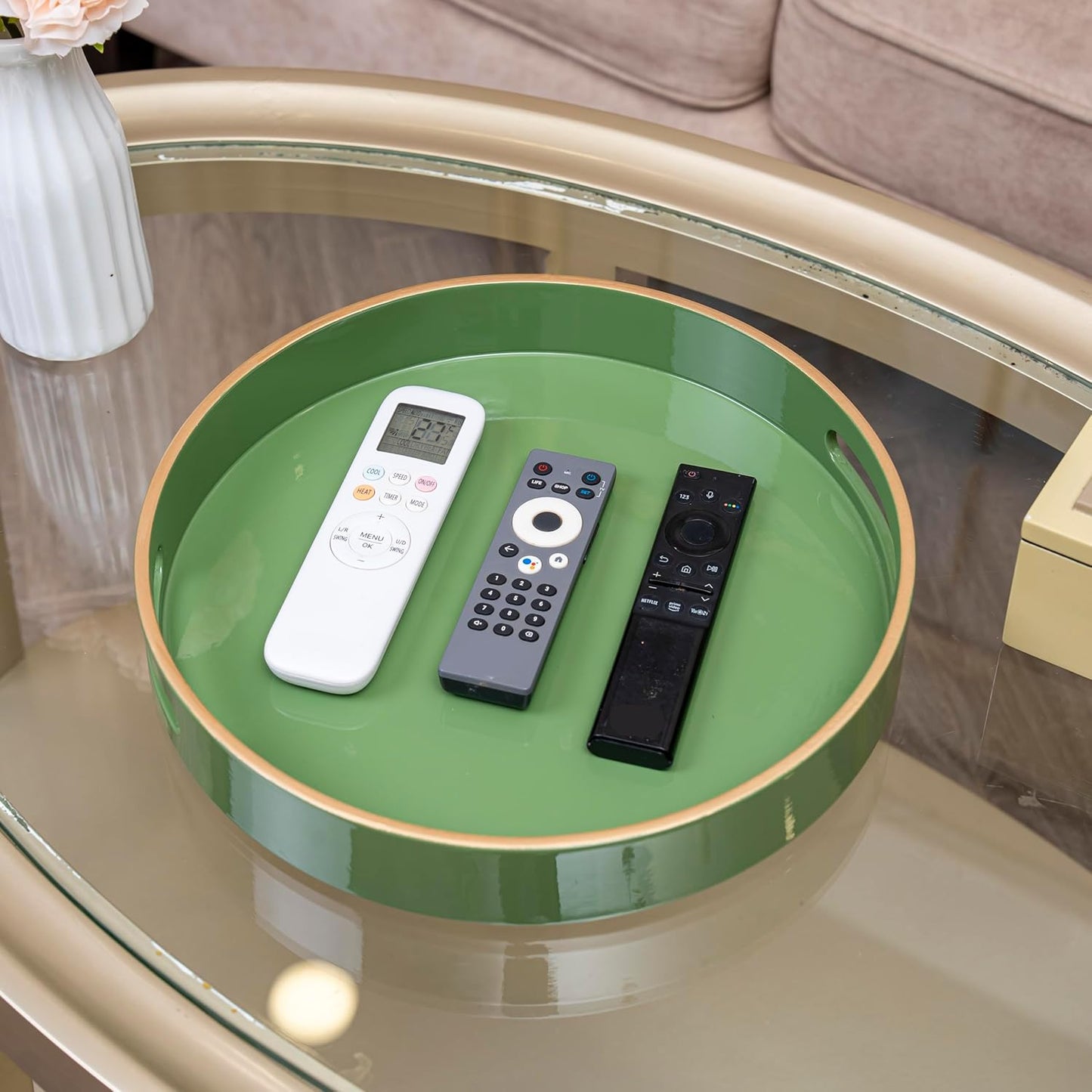 PEMAR 12.6" Round Lacquer Serving Tray with Insert Handle Decorative Basket Tray for Breakfast, Dinner, Coffee Table Decor (Green)