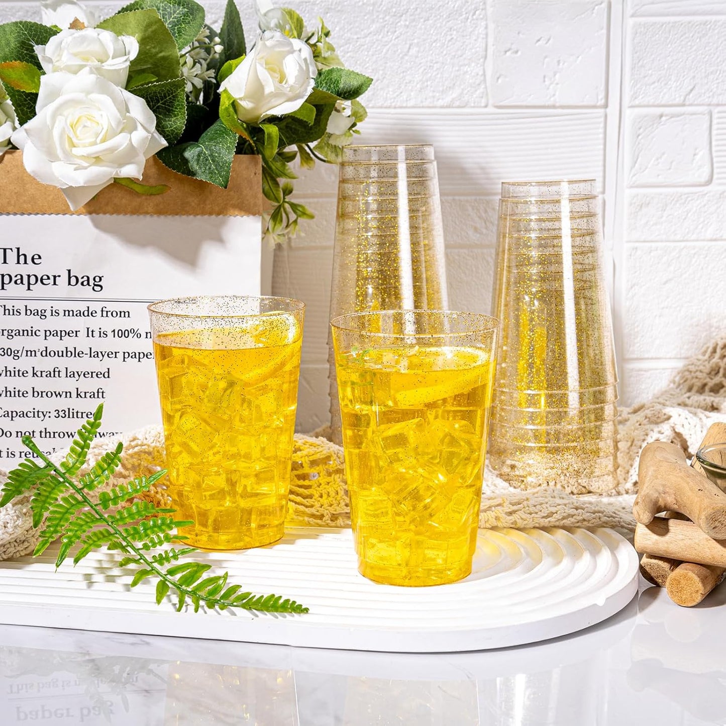 I00000 50 Pack 14 oz Gold Plastic Cups, Disposable Tumblers Gold Glitter Plastic Cups, Disposable Wine Glasses Cocktail Glasses Perfect for Wedding, Mother's Day, Thanksgiving, Christmas Parties