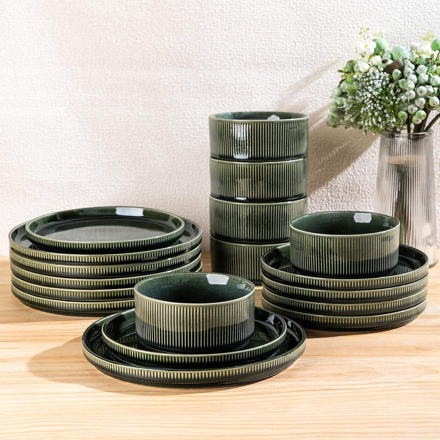 GBHOME Stoneware Dinnerware Sets for 4,Round Reactive Glaze Ceramic Plates and Bowls Set,Highly Scratch Resistant | Dishwasher & Microwave Safe Dishes Set,Service for 4(12Pcs)