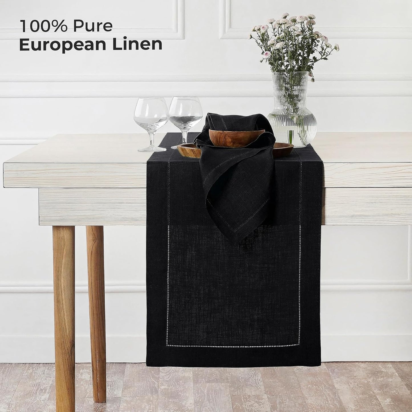 D'Moksha Homes Linen Black Table Runner 144 Inches Long - 100% Pure Linen Extra Long Table Runner 14 x 144 Inch for Fall, Autumn and Halloween - Classic Hemstitch