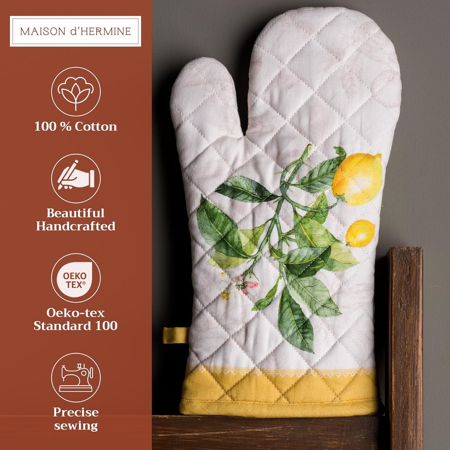Maison d' Hermine Oven Gloves 100% Cotton Oven Mitt 7" x 13" with Loop Heat Resistant, BBQ, Cooking Gloves, Baking, Grilling, Kitchen, Handling Hot Pans Spring/Summer (Pack of 1, Limoncello)